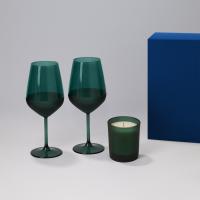 Подарочный набор свеча Enigma + 2 бокала для вина Emerald в синей коробке