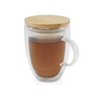 Стеклянная кружка Leona объемом 350 мл с бамбуковой крышкой - прозрачный